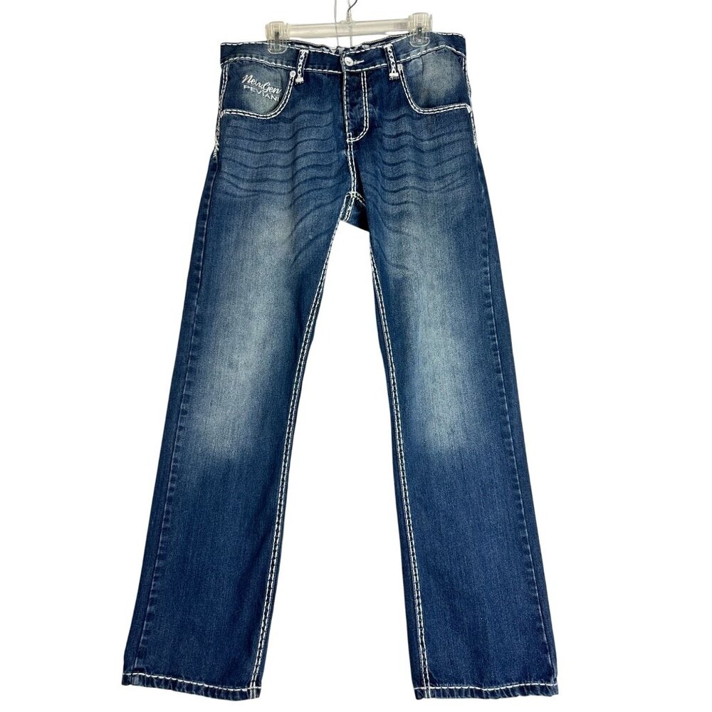 Georgio Peviani Blue Distressed Denim Embroidered Jeans Mens 36x32